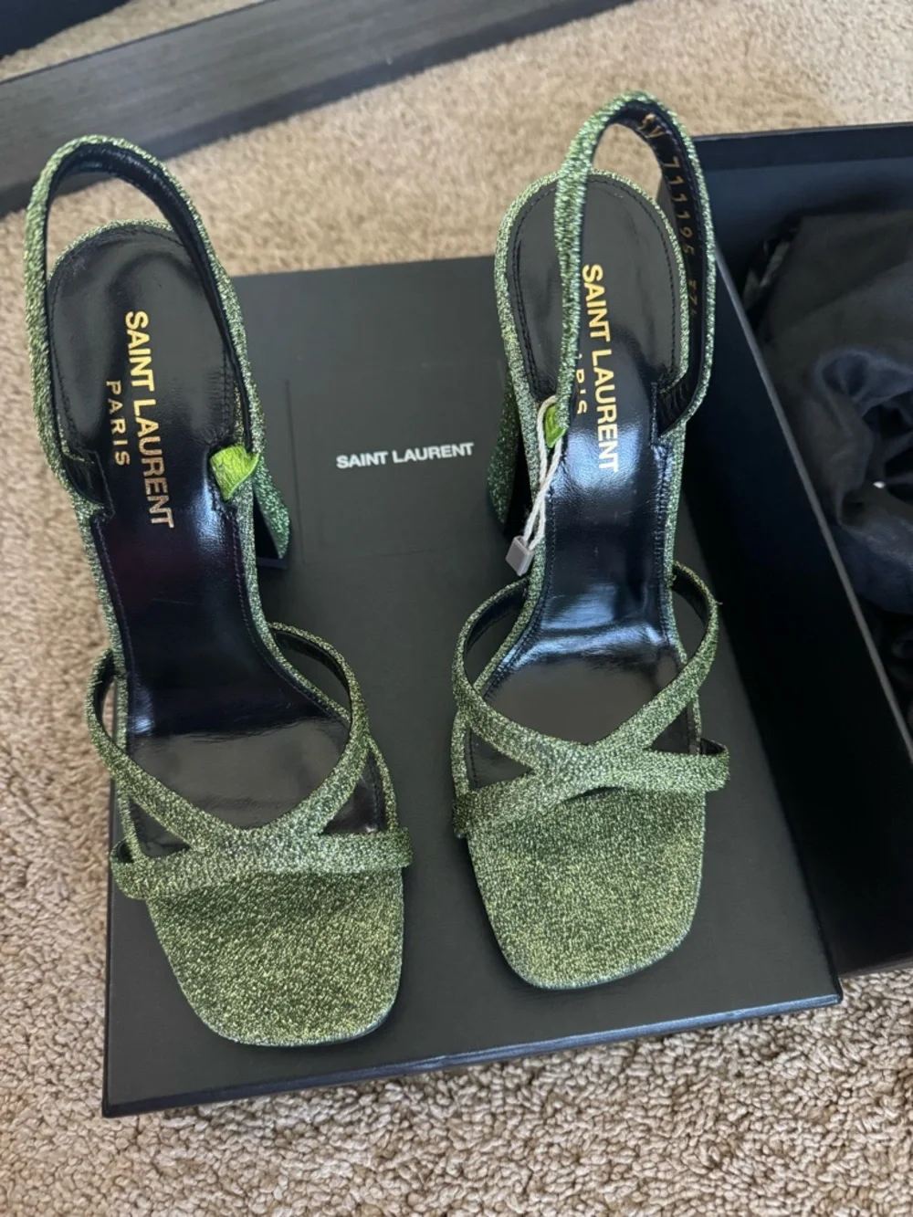Saint Laurent Metallic Green Glitter Strappy Slingback Heels - Picture 1 of 3